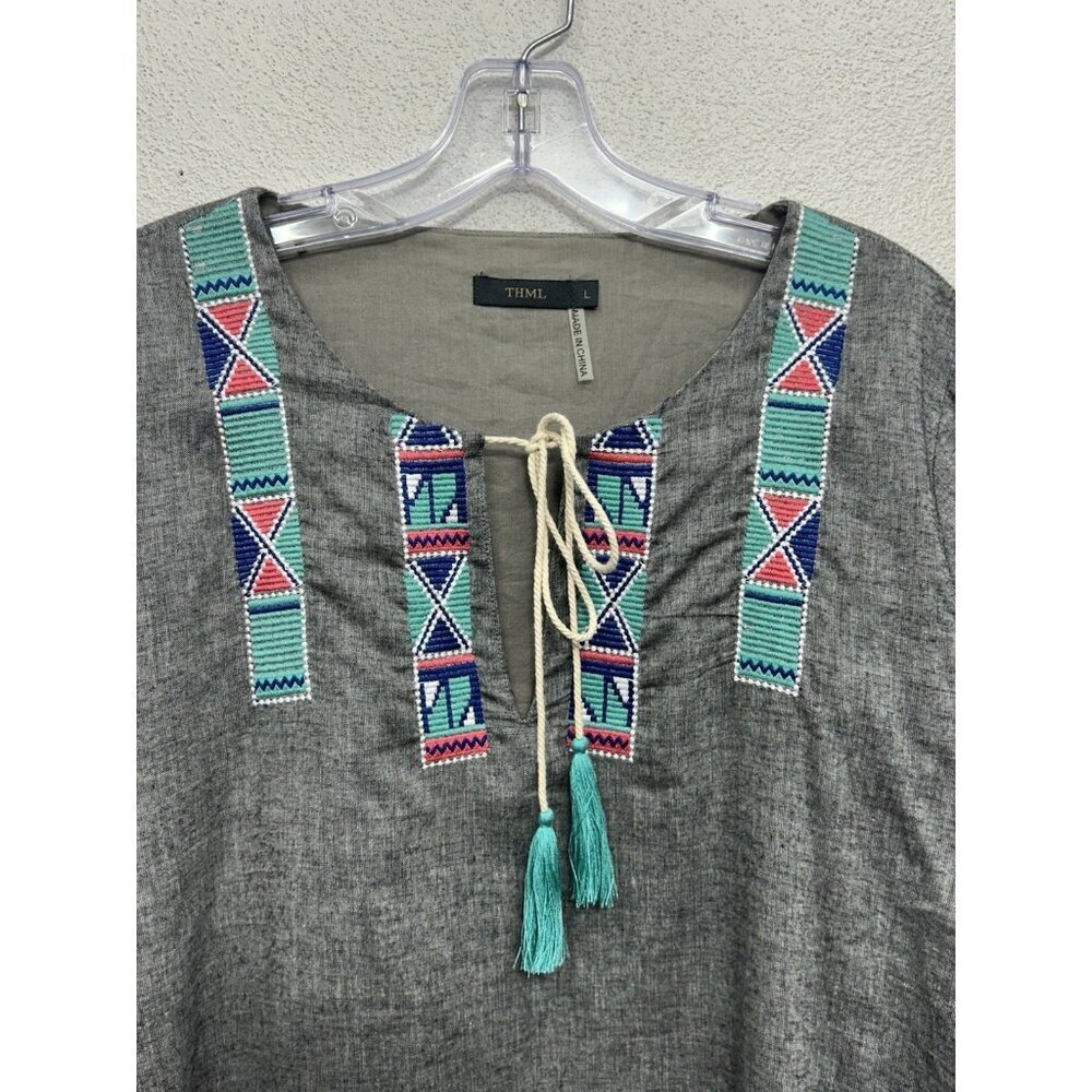THML Dress large Grey Embroidered Aztec Boho Long Sleeve Tribal Western - Picture 5 of 7